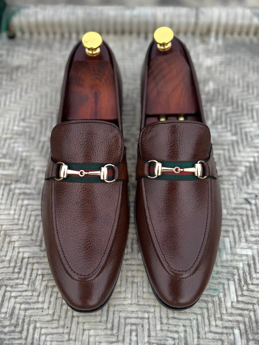 Brown Milled Leather Slip On Loafers